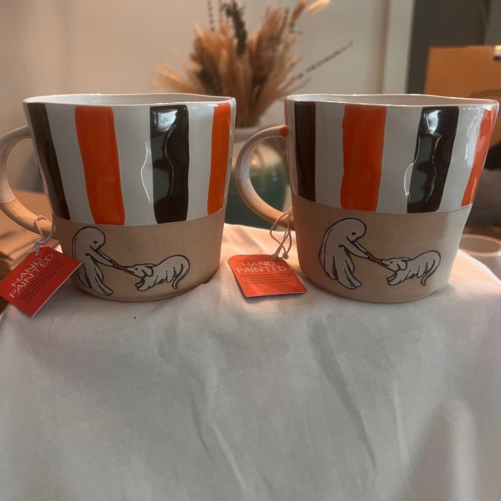 Hand Painted Striped Mugs - ghost & dog Orange, Black, Brown